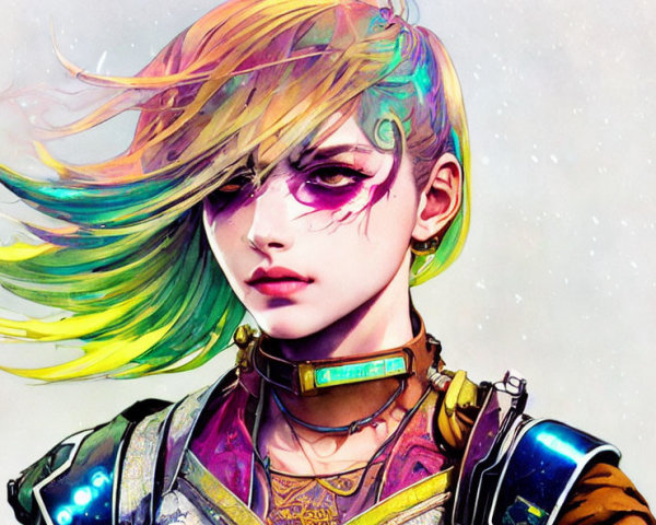 Colorful futuristic female with rainbow hair, cybernetic enhancements, scar.