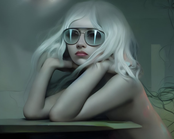 Person with White Hair and Large Glasses in Moody Setting with Ethereal Vines