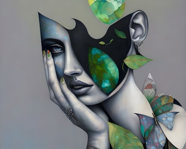 Surreal portrait featuring botanical and butterfly elements on face and body