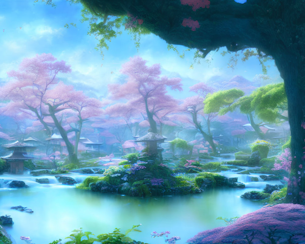 Tranquil fantasy landscape with cherry blossom trees and lanterns
