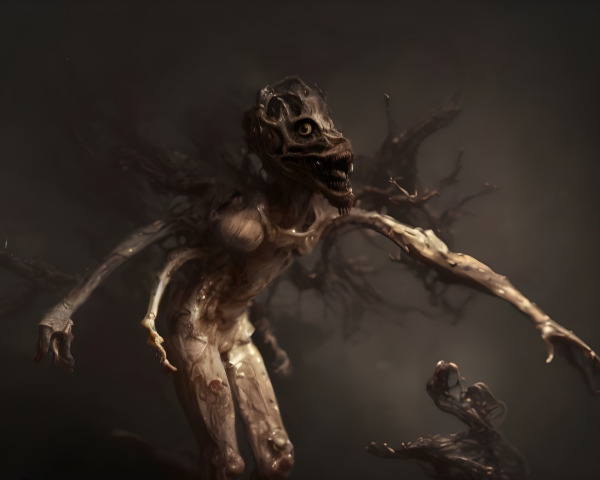 Sinister humanoid creature with tree-like limbs in mist