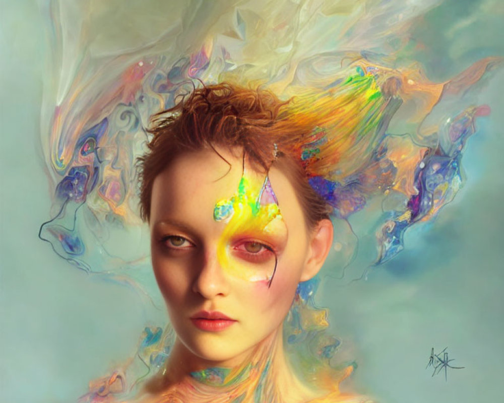 Colorful surreal portrait with swirling liquid-like shapes around a person