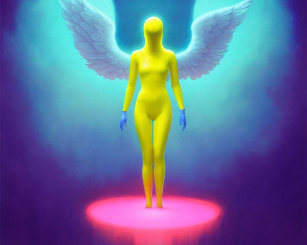 Surreal yellow humanoid with white wings on pink circle in blue aura