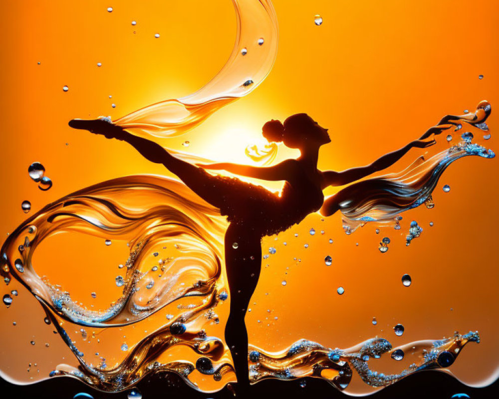 Ballet dancer silhouette with water splashes on orange background