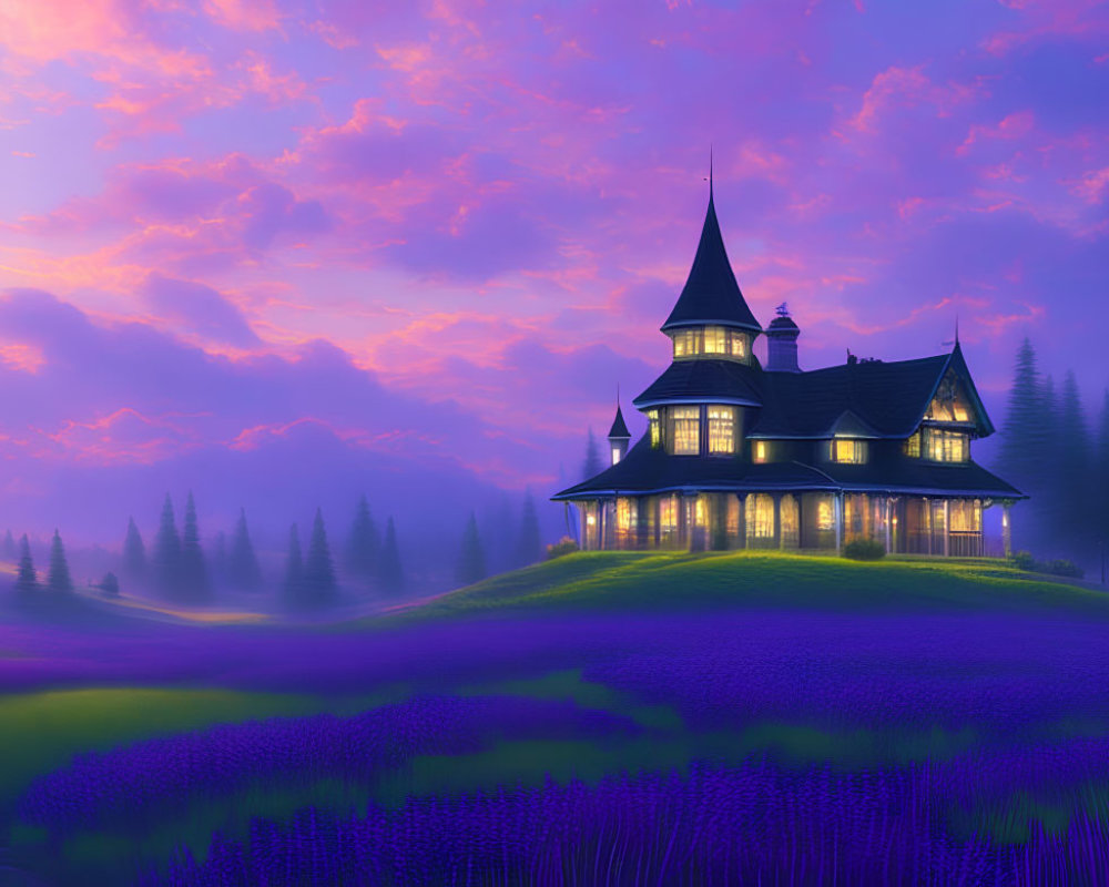 Majestic house on hill with lit windows, lavender fields, purple dusk sky
