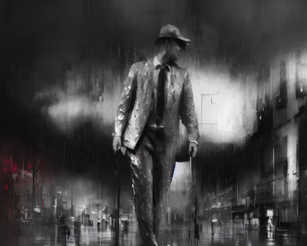 Mysterious figure in trench coat and hat on rainy city street