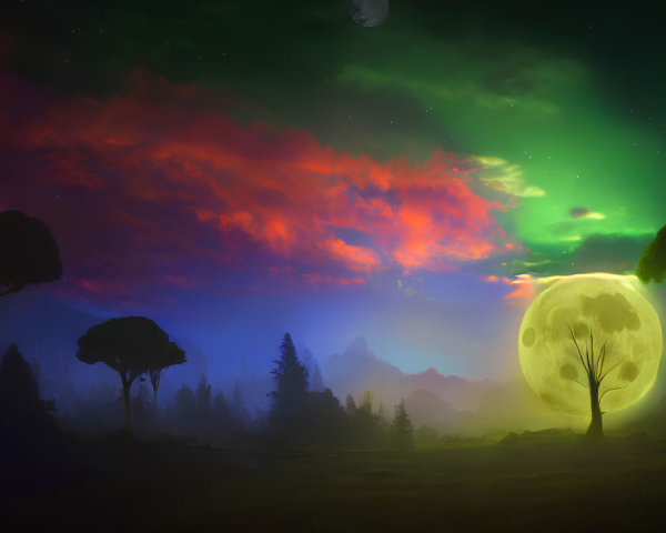 Mystical landscape with vibrant aurora borealis and moon