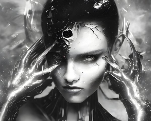 Futuristic monochrome portrait with fragmented visor and jagged adornments