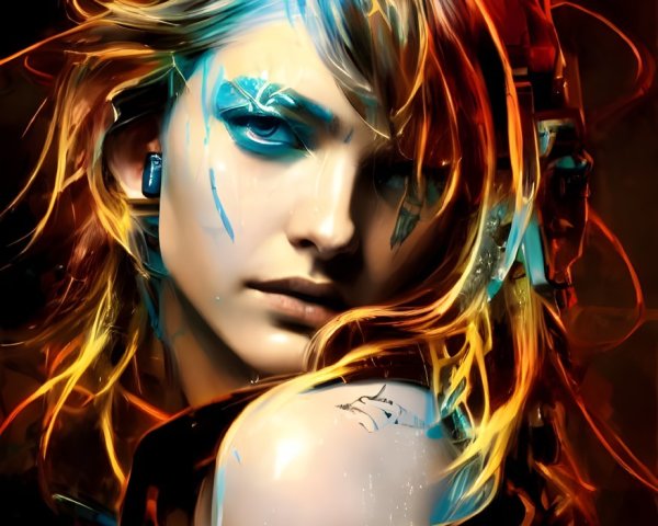 Female figure with blue cybernetic enhancements and dynamic blonde hair in vibrant digital artwork