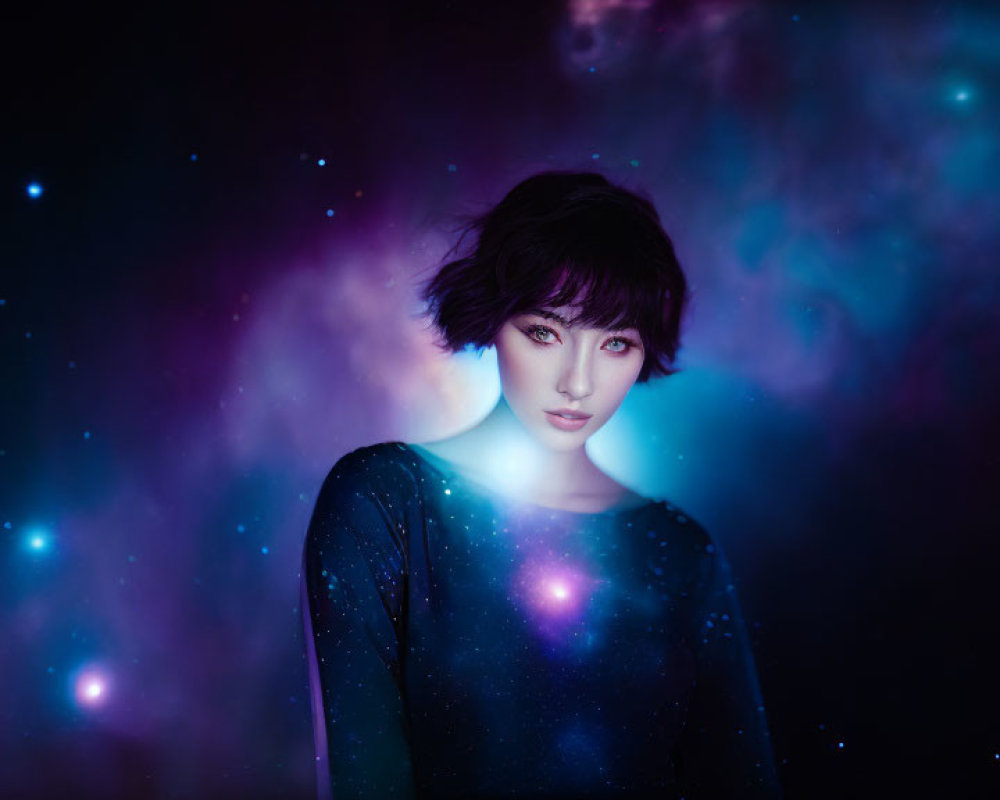 Woman with Cosmic Background and Stars for Ethereal Space Aesthetic