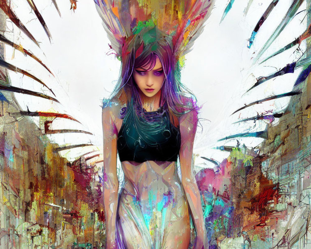 Colorful mythical female figure with vibrant wings and urban backdrop.
