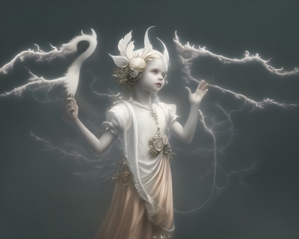 Pale-skinned figure in golden headpiece and gown with outstretched hand amidst swirling white tendrils