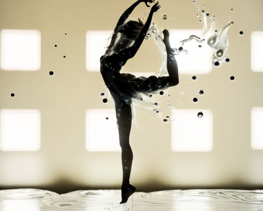 Silhouette of dancer with splashing water and warm backlighting