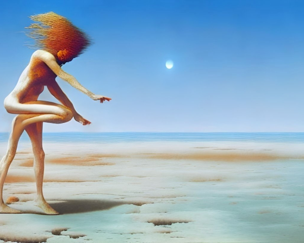 Surreal painting: Figure with elongated legs and fiery hair reaching for white orb in rocky landscape