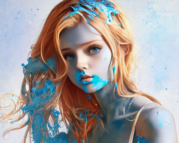 Vibrant red-haired woman with blue eyes splattered in bright blue paint