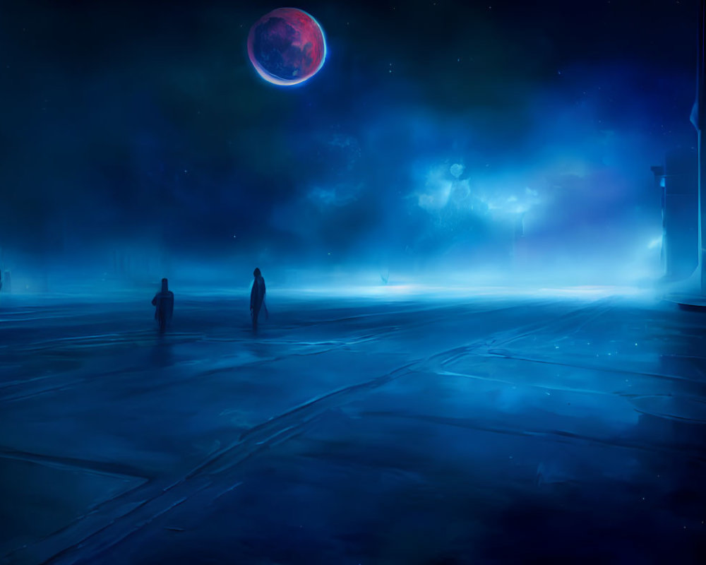 Surreal night scene with silhouetted figures in blue environment