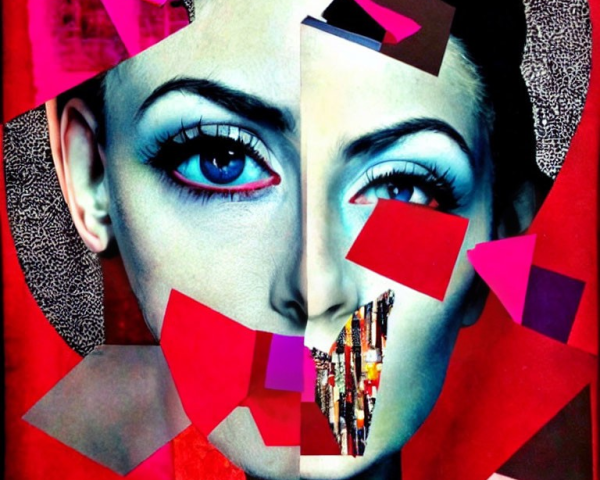 Vibrant digital collage of fragmented woman's face with geometric shapes on textured background