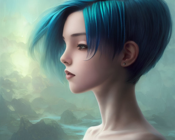 Vibrant blue-haired youth in digital art with piercing gaze