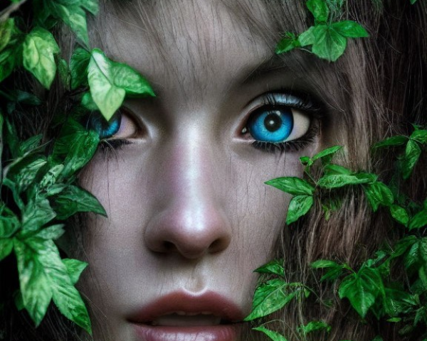 Detailed Portrait Emerges from Lush Green Leaves
