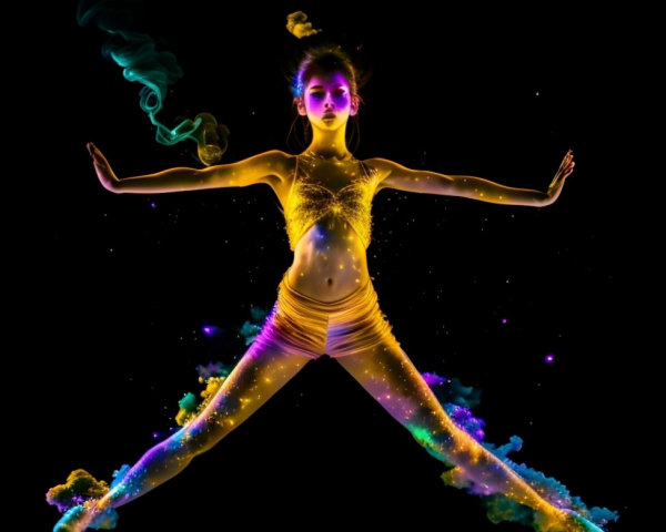 Colorful Glowing Figure in Dynamic Pose on Dark Starry Background