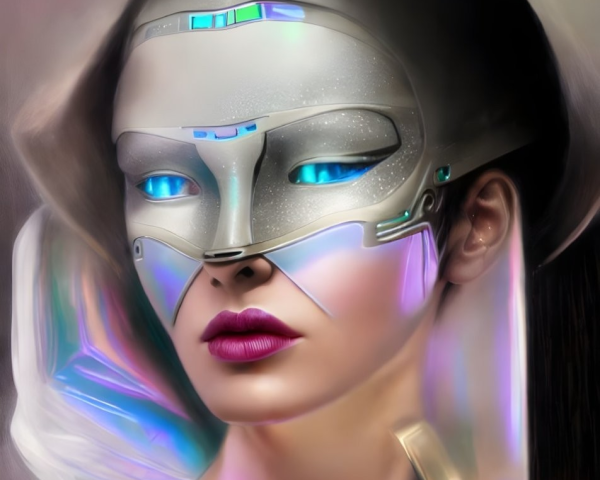 Female cybernetic being with metallic headpiece and glowing blue eyes