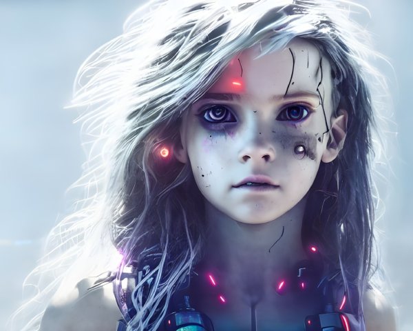 Digital artwork of young girl with blue eyes, white hair, and cybernetic enhancements