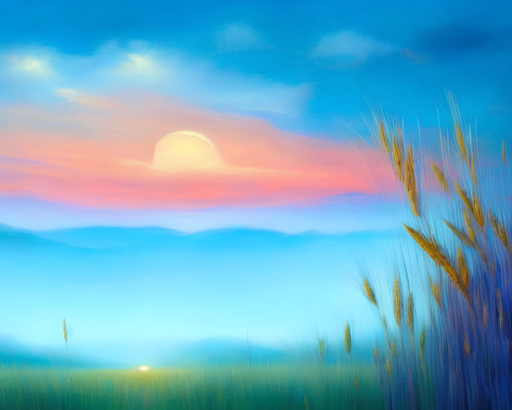 Impressionistic sunset painting with misty hills and tall reeds