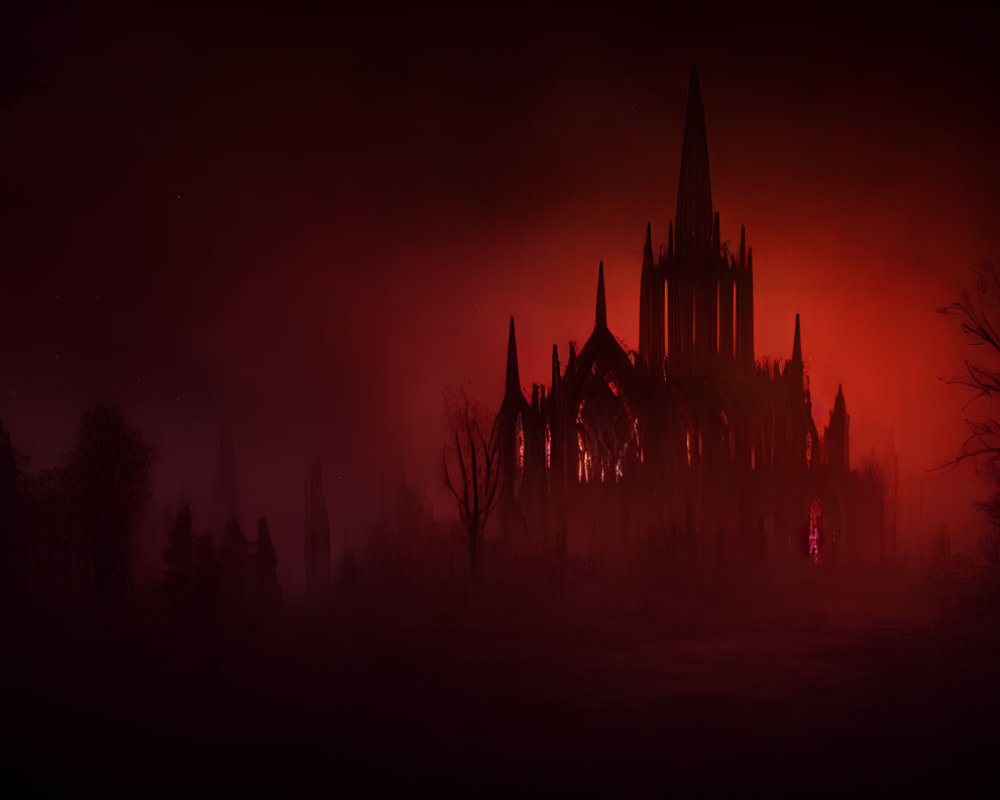 Gothic Cathedral Silhouetted Against Blood-Red Sky