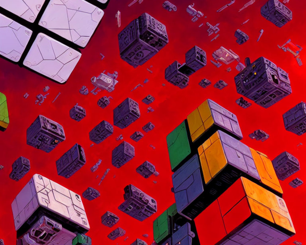 Colorful digital artwork featuring floating Rubik's Cubes and items on red backdrop