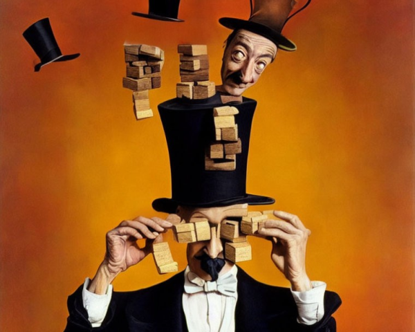 Man with Multiple Top Hats Balancing Wooden Blocks