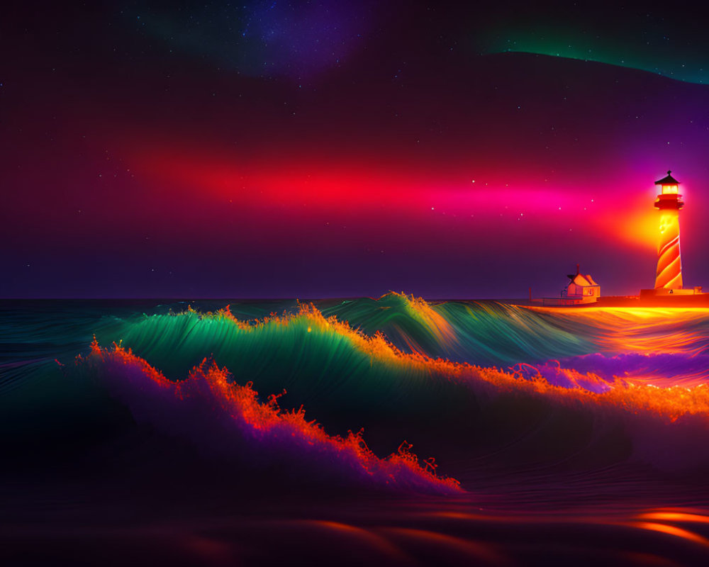 Colorful night scene: lighthouse, luminous waves, aurora sky