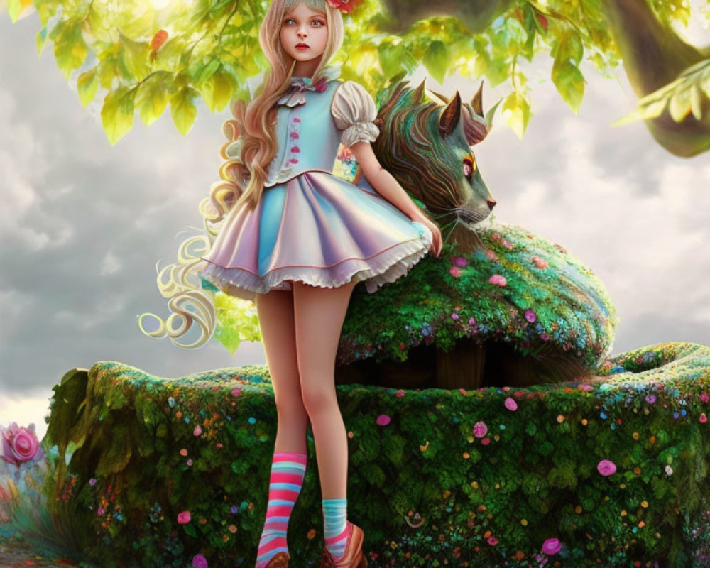 Blond-haired girl in pastel dress beside mossy hill with horse head
