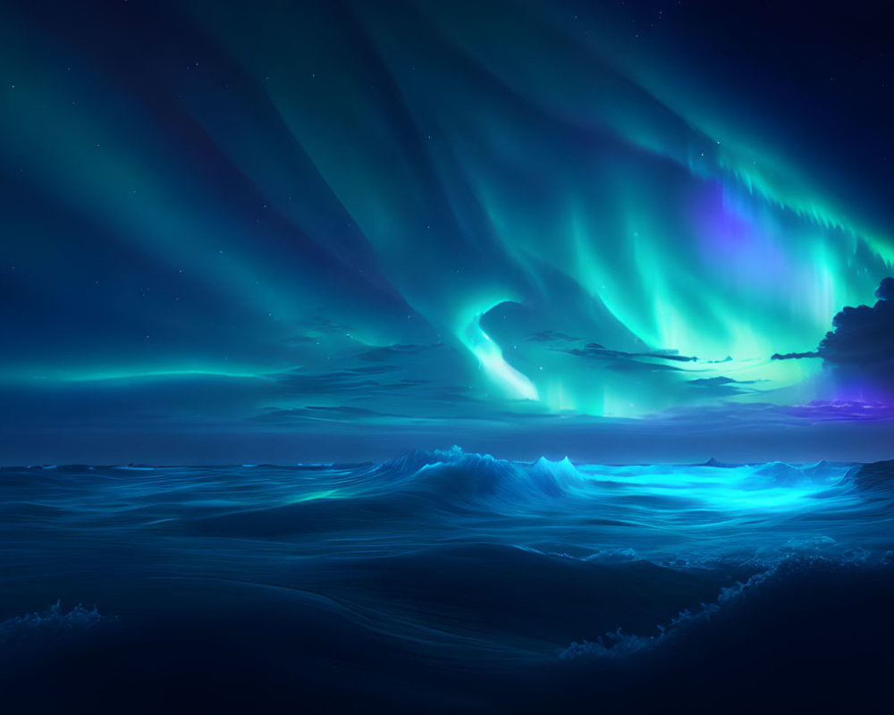 Night Seascape with Vibrant Auroras and Starry Sky Reflecting on Ocean Waves
