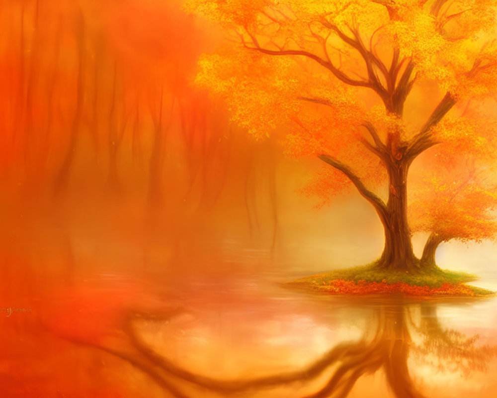 Vibrant autumn tree with golden leaves by serene lake