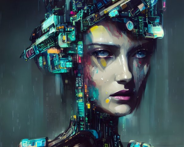 Female Cyborg Digital Artwork with Intricate Electronic Components