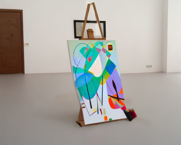 Vibrant abstract painting on easel in gallery setting