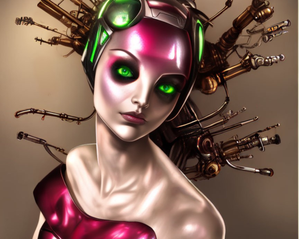 Futuristic female figure with metallic body and mechanical headdress