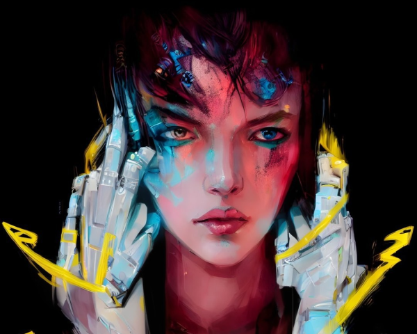 Person with Blue Eyes and Robotic Hands in Vivid Illustration