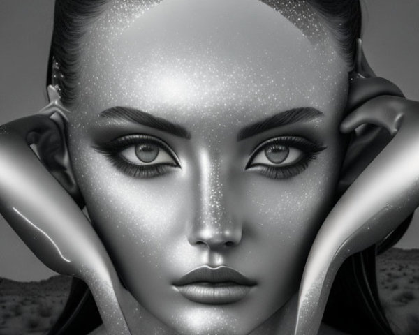 Monochrome image of woman with sparkling skin and dramatic makeup