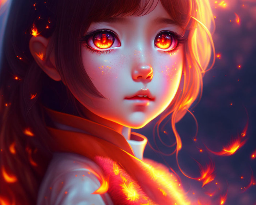 Digital artwork: Girl with glowing red eyes, fiery aura, and floating embers