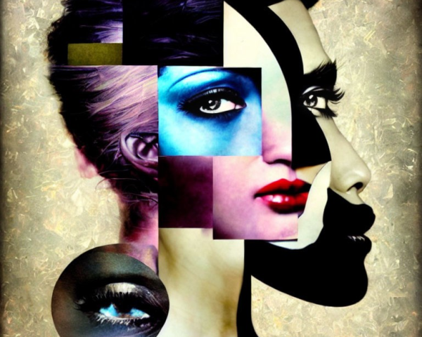 Abstract mosaic of women's facial features in varied colors on textured background