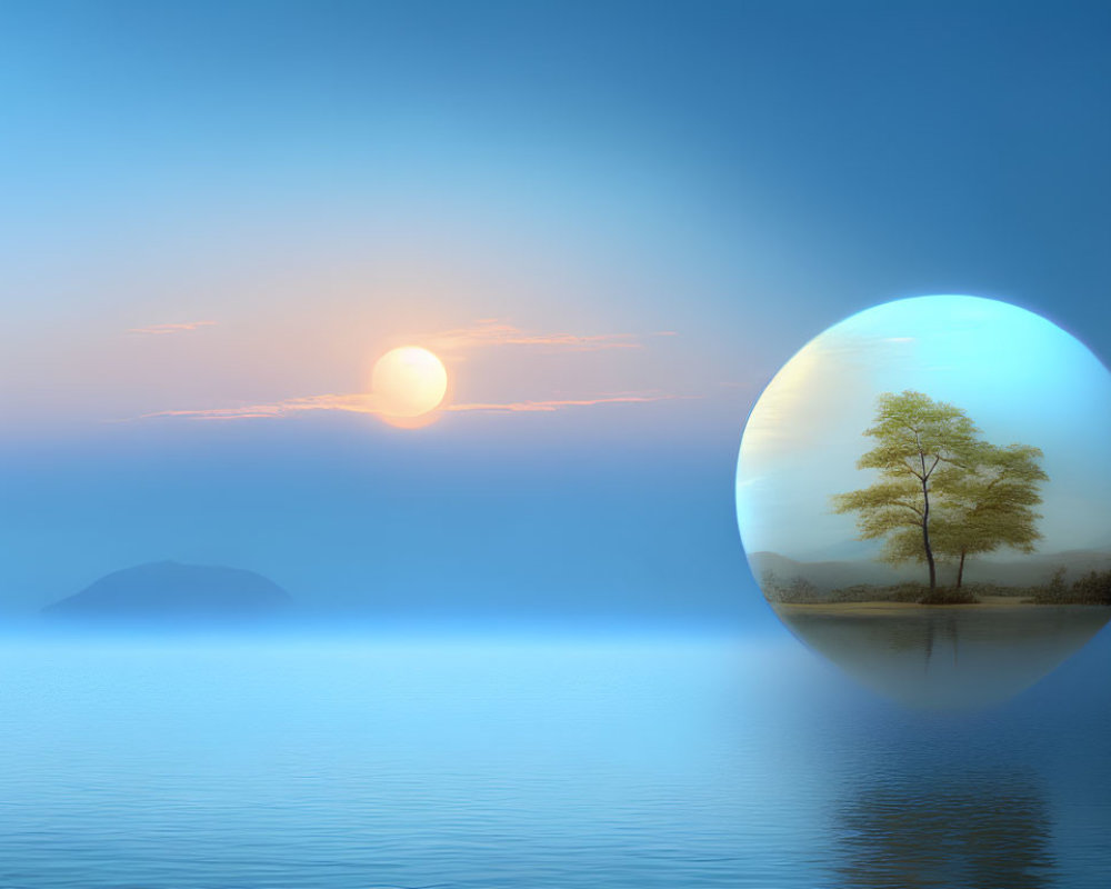Tranquil sunset landscape with crystal sphere and tree reflection