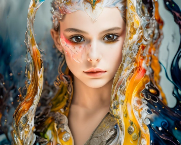 Fantasy portrait with intricate face paint and swirling colorful patterns