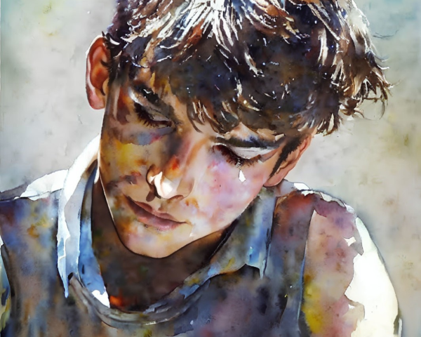 Vivid Watercolor Painting of Young Boy in Sunlight