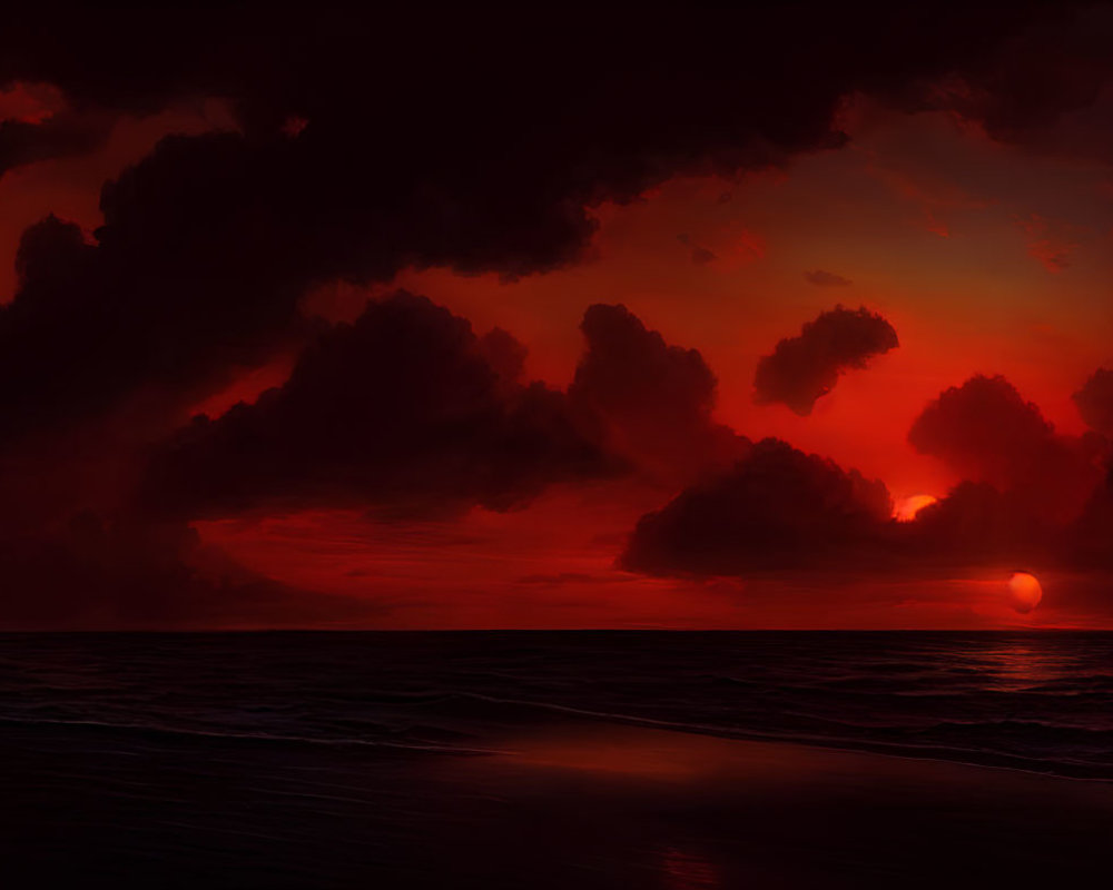 Vibrant red sunset over ocean with silhouetted clouds and calm sea