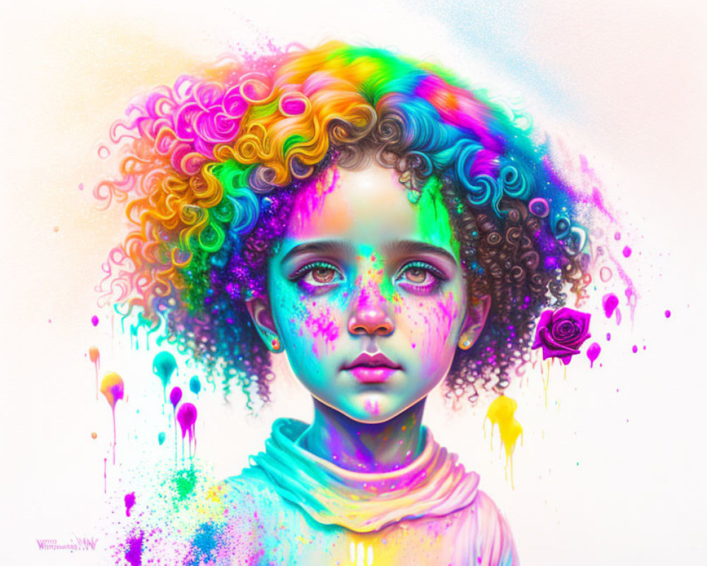 Colorful digital artwork: Child with curly hair in vibrant colors