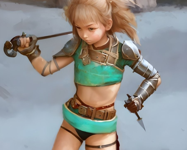 Female fantasy warrior in green and brown armor with sword and dagger