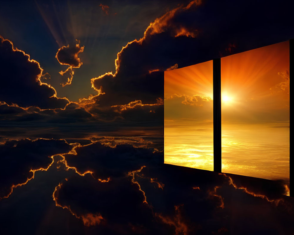 Vivid sunset above clouds with open door