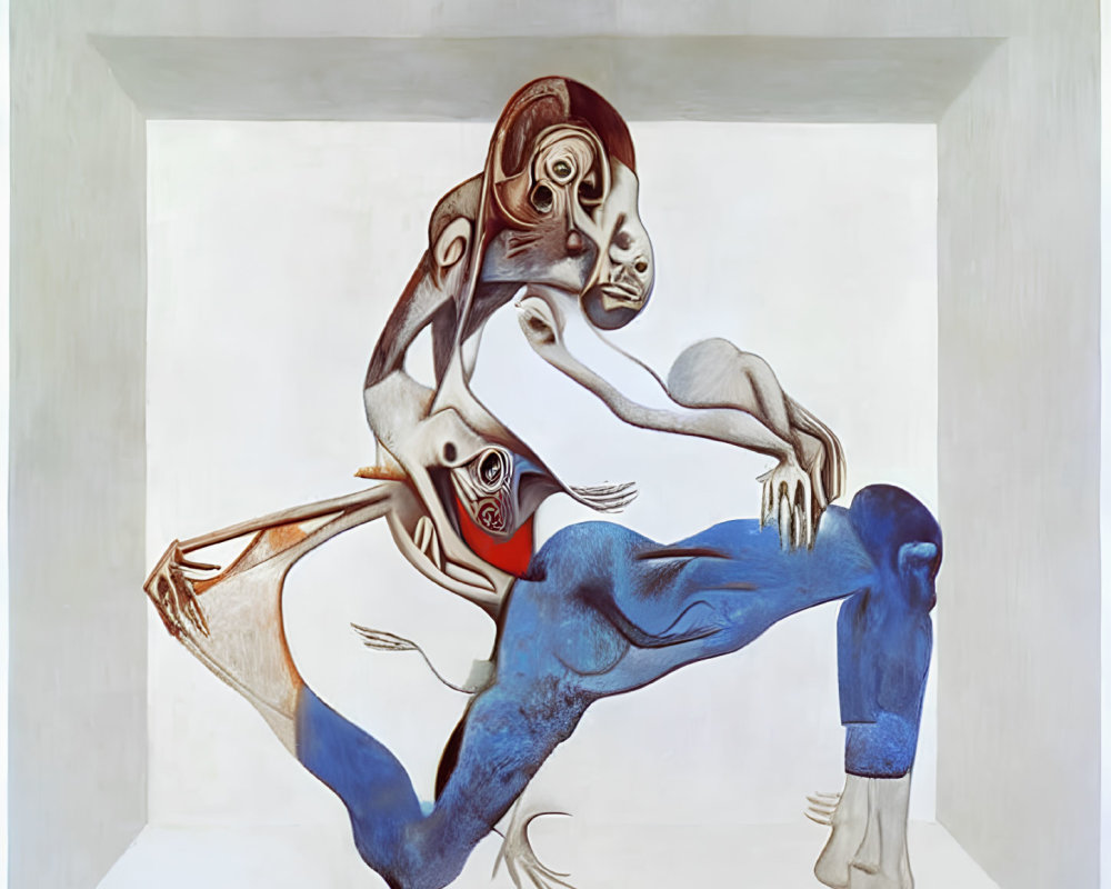 Surrealistic Painting: Contorted Figure with Multiple Faces