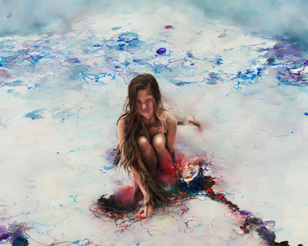 Long-Haired Person Sitting on Colorful Abstract Floor in Blue, White, and Red